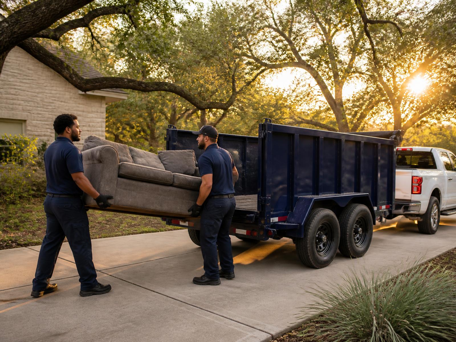 Capital Junk Removal crew loading an old sofa into a navy dump trailer in an Austin driveway